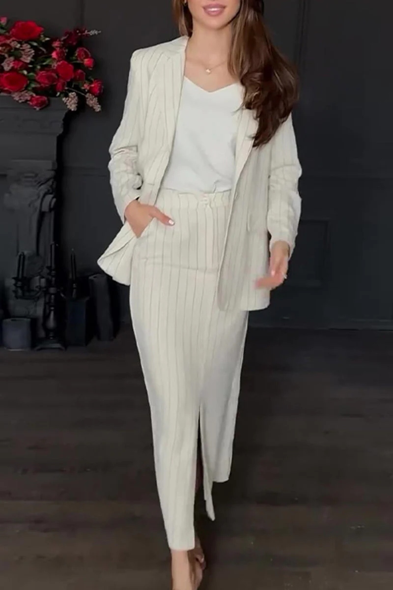 Bieke | Elegant striped print, buttons, slit, turn-down collar, long sleeves, two piece suit - Image 2
