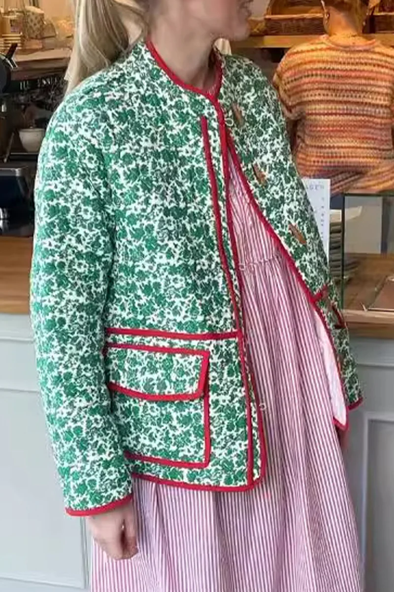 Birgit | Casual floral print outerwear with pocket patchwork contrast O-neck - Image 3