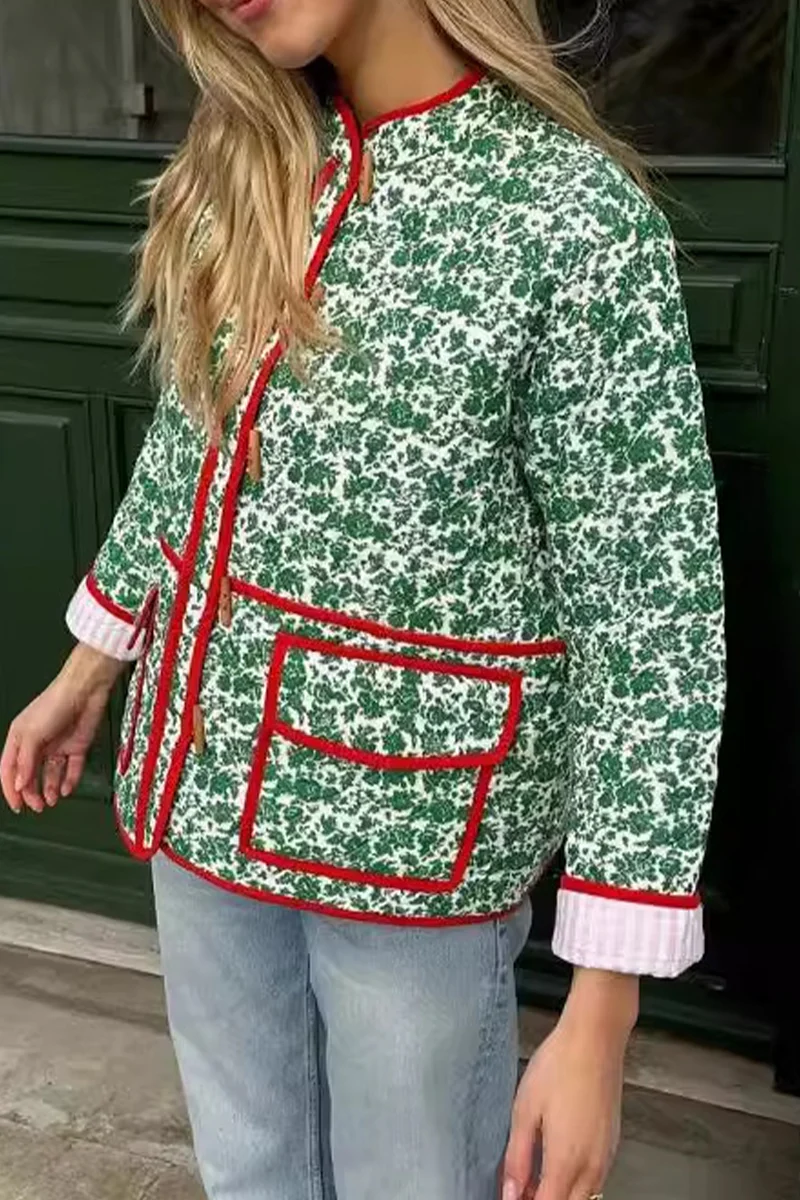 Birgit | Casual floral print outerwear with pocket patchwork contrast O-neck - Image 4