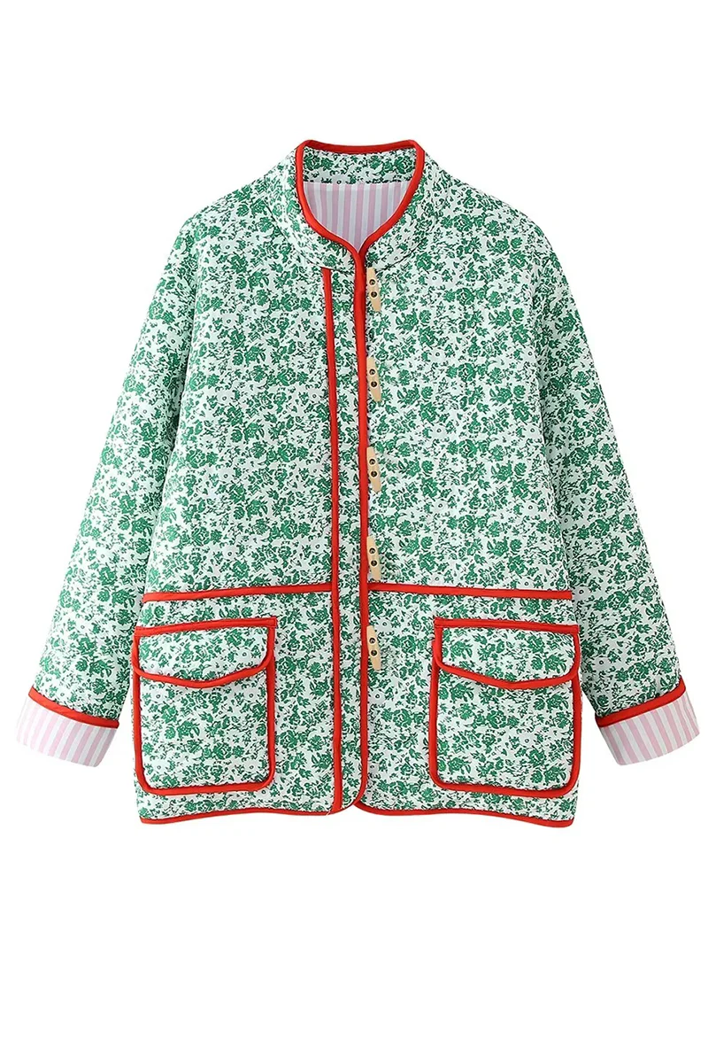 Birgit | Casual floral print outerwear with pocket patchwork contrast O-neck - Image 5