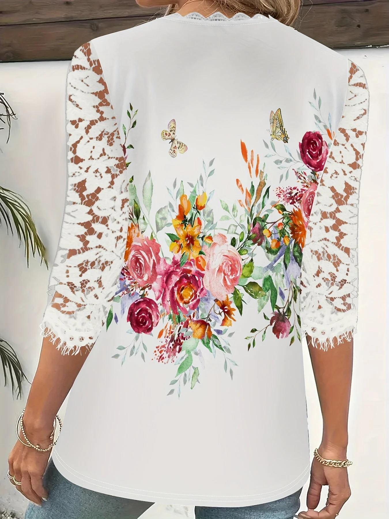 Bonifacia® | Elegant Women'S T-Shirt With Lace Patchwork And Floral Print - Image 2