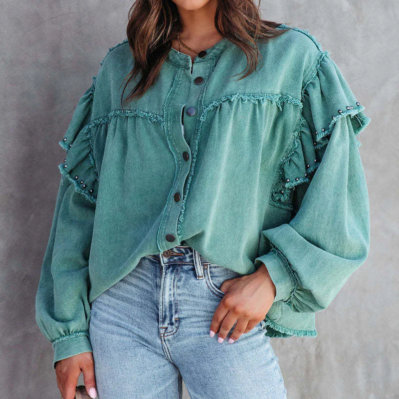 Breadon® | Denim Blouse With Pearls And Ruffle Sleeves - Image 3
