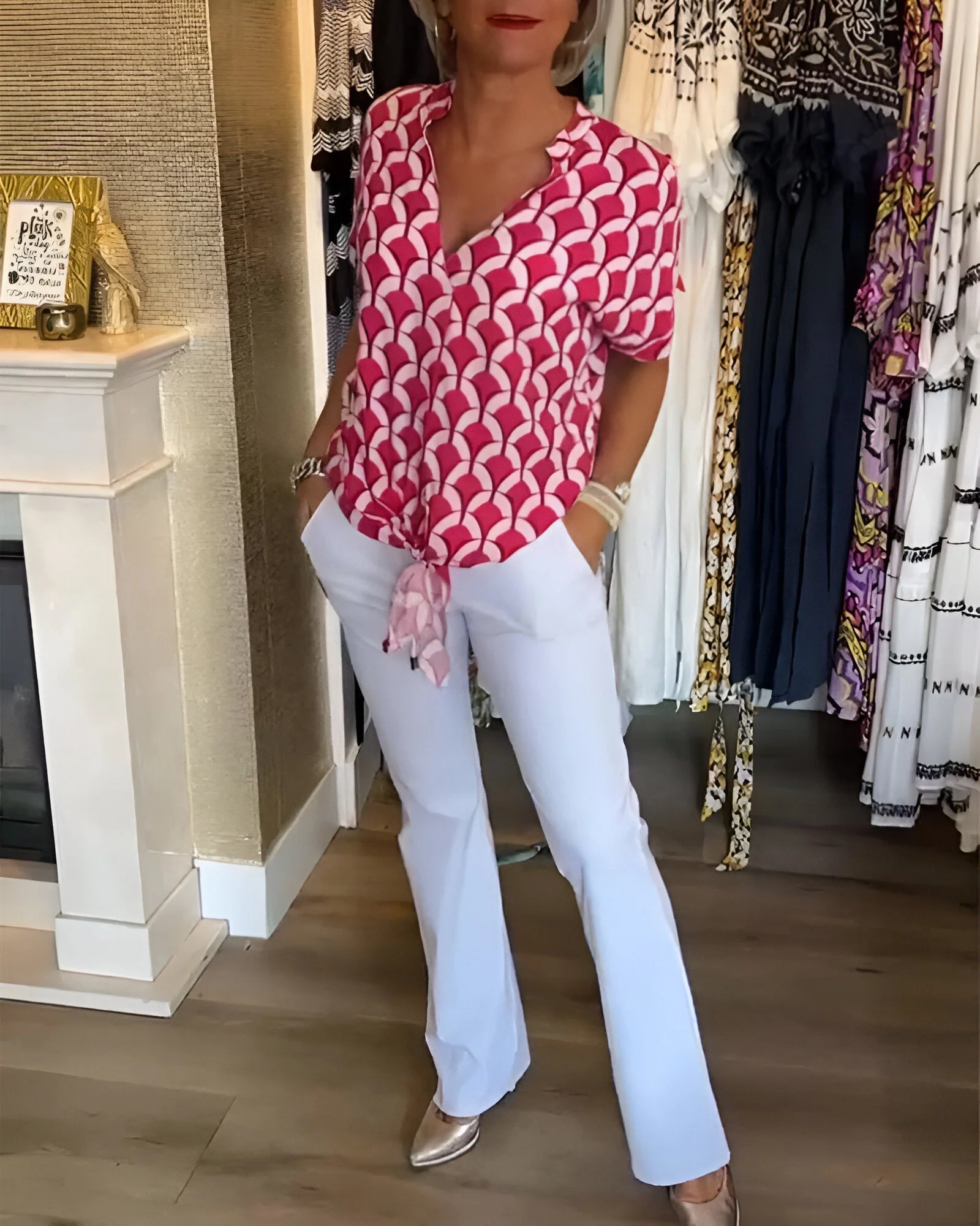 Breayle® | Printed Short Sleeve Blouse With V-Neck - Image 13