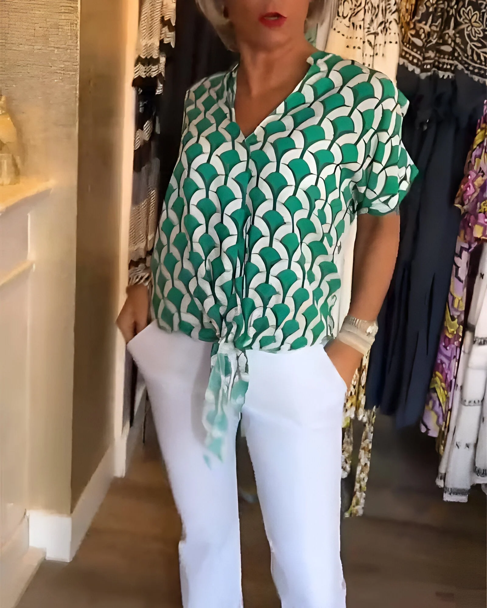 Breayle® | Printed Short Sleeve Blouse With V-Neck - Image 14