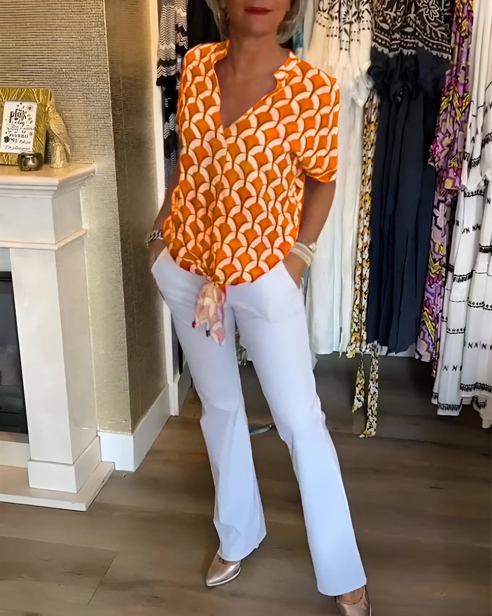 Breayle® | Printed Short Sleeve Blouse With V-Neck - Image 8