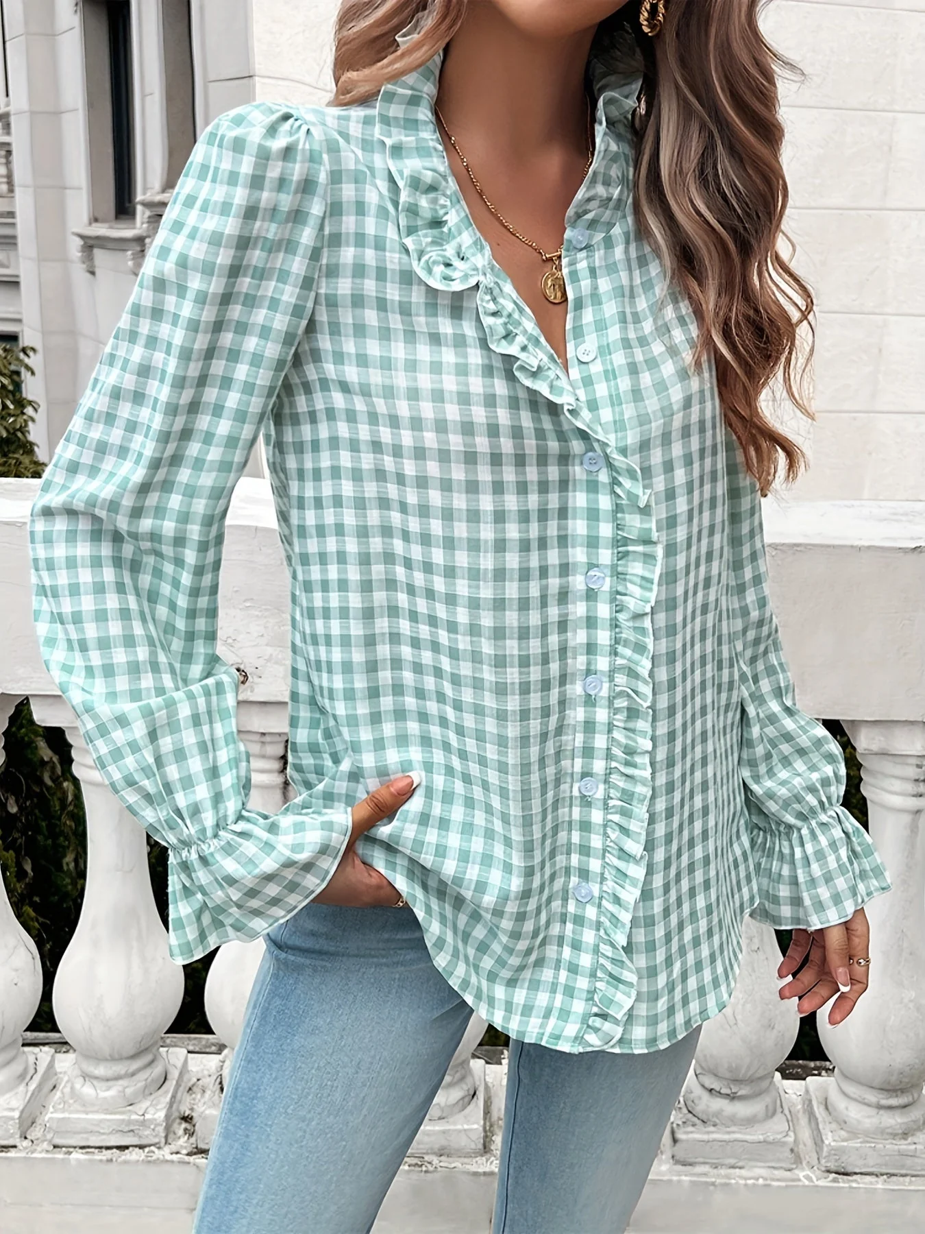 Brelynn® | Elegant Checked Ruffle Blouse With Long Sleeves For Women - Image 2