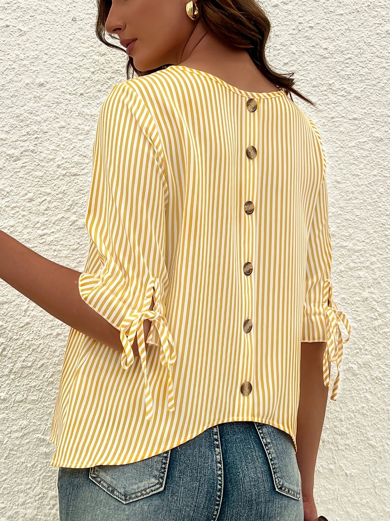Brena® | Elegant Striped Blouse With A Round Neck And Button Details - Image 2