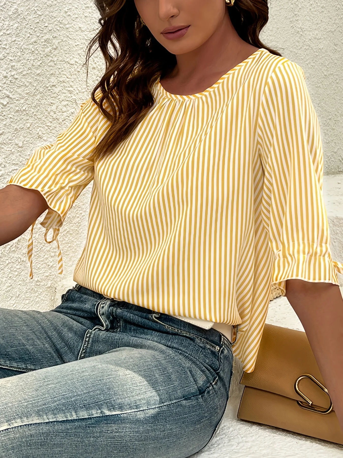 Brena® | Elegant Striped Blouse With A Round Neck And Button Details - Image 5