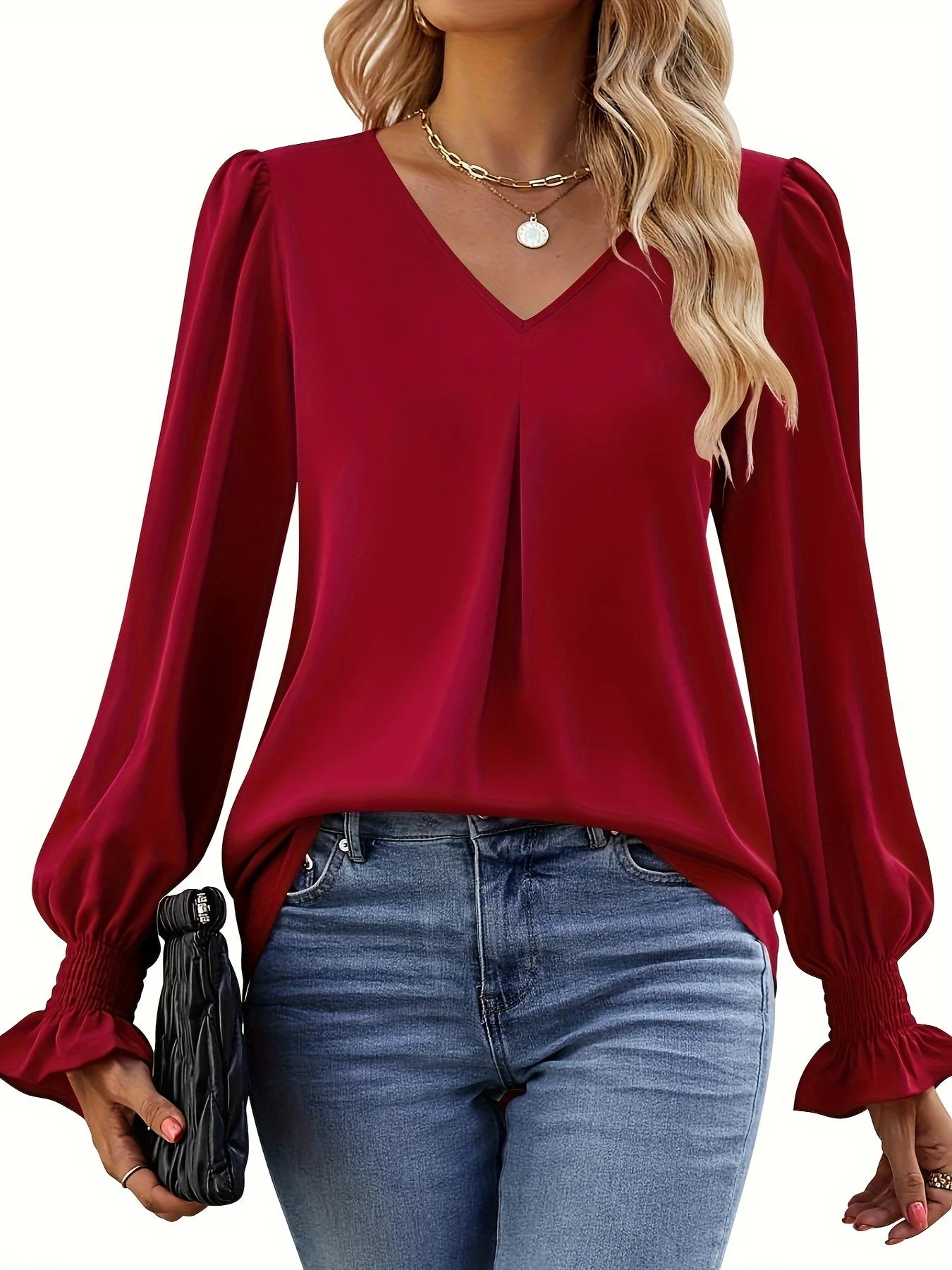 Brendell® | Simple V-Neck Blouse With Long Sleeves, Elegant Ruffled Blouse - Image 10