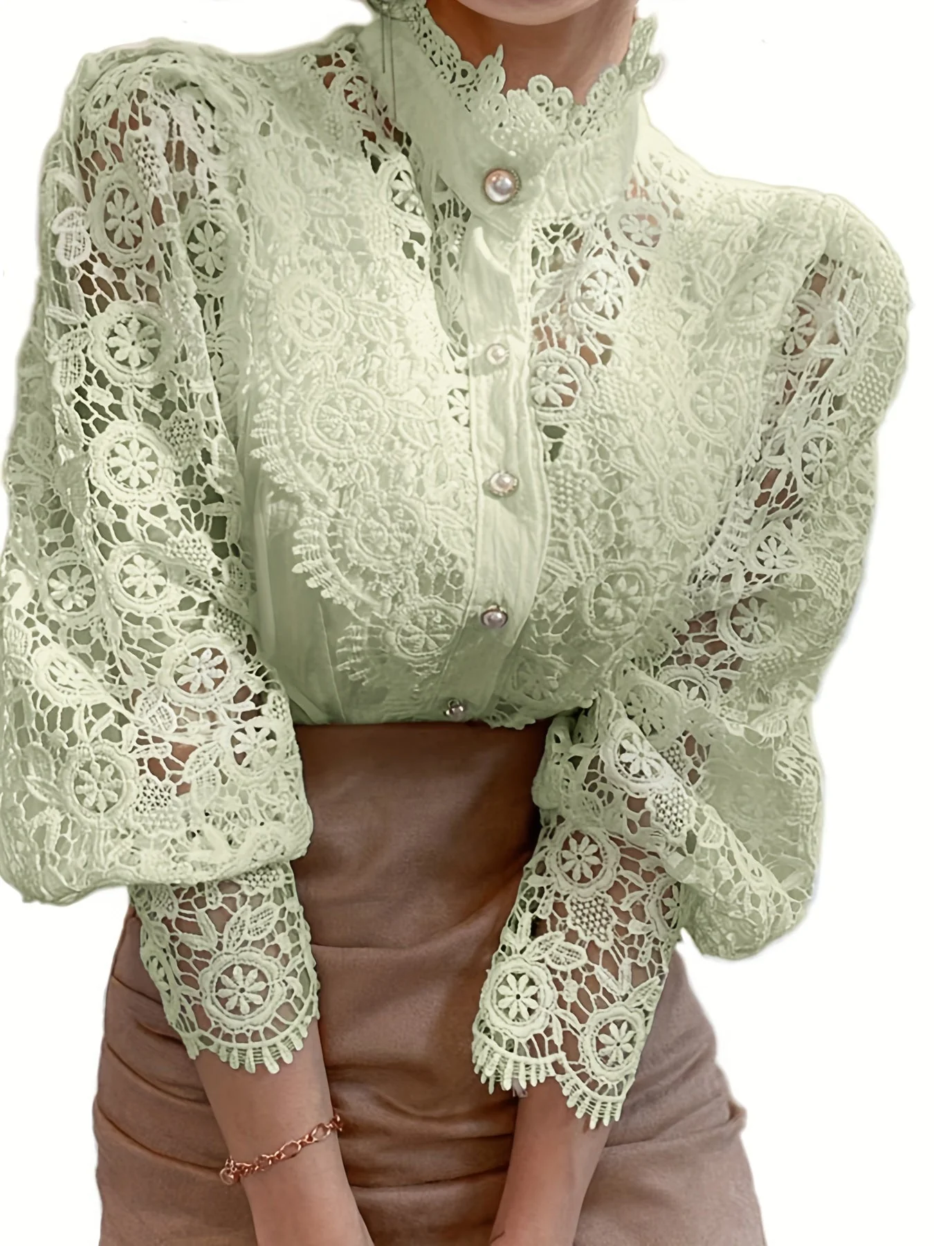Brendi® | Women'S Blouse With Lace, Lantern Sleeves And Pleated Plain Cut