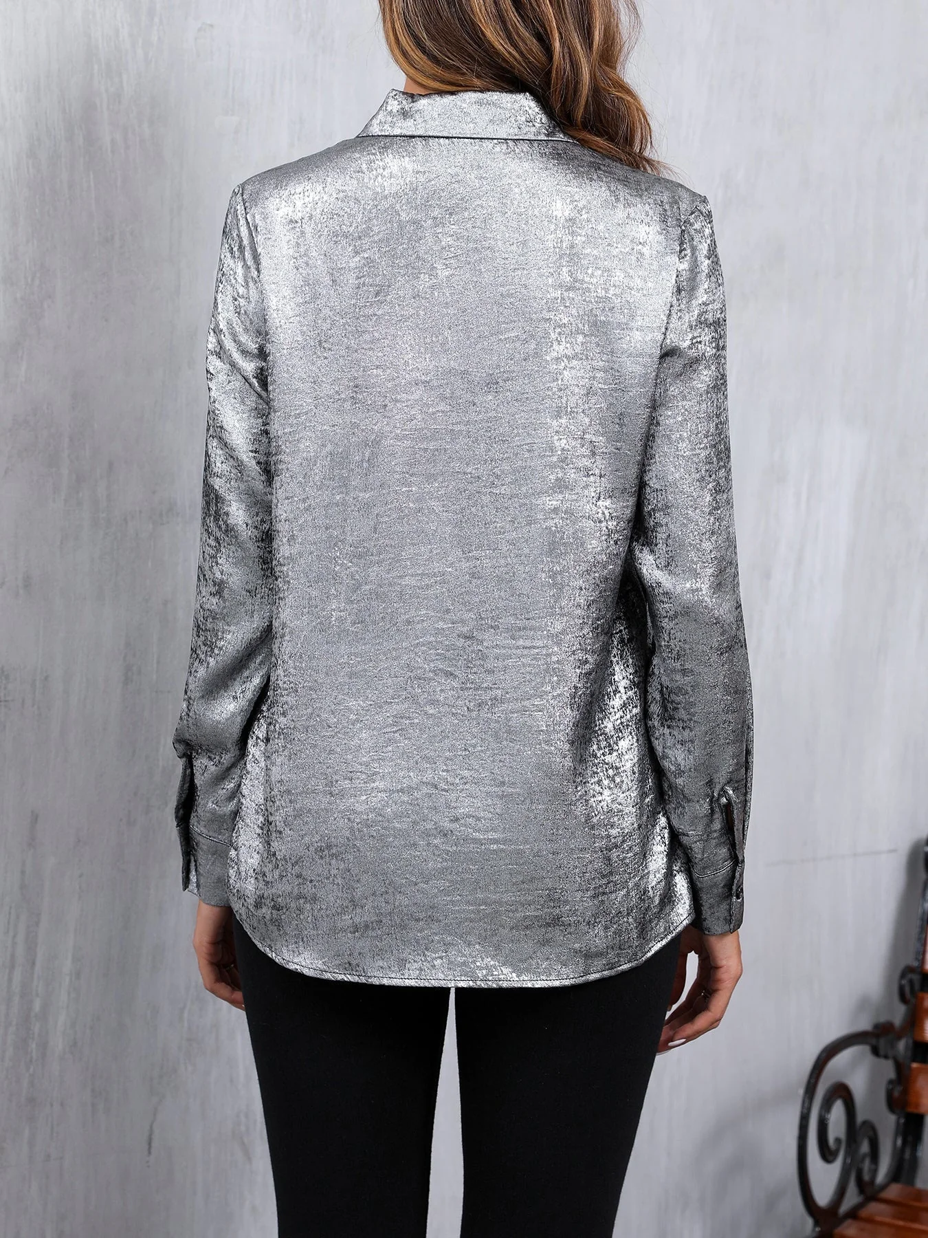 Brendie® | Casual Satin V-Neck Blouse With Long Sleeves And Button Details - Image 2