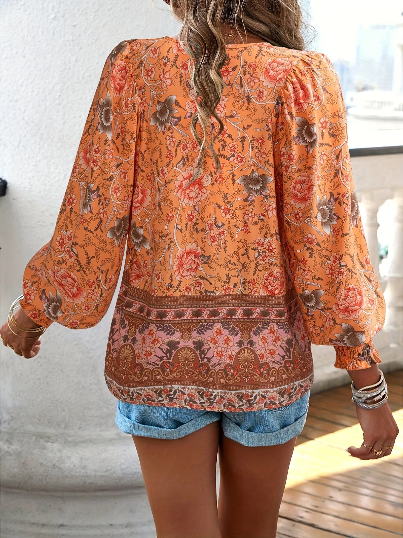 Brenessa® | Floral Blouse With V-Neck And Drawstring - Image 4