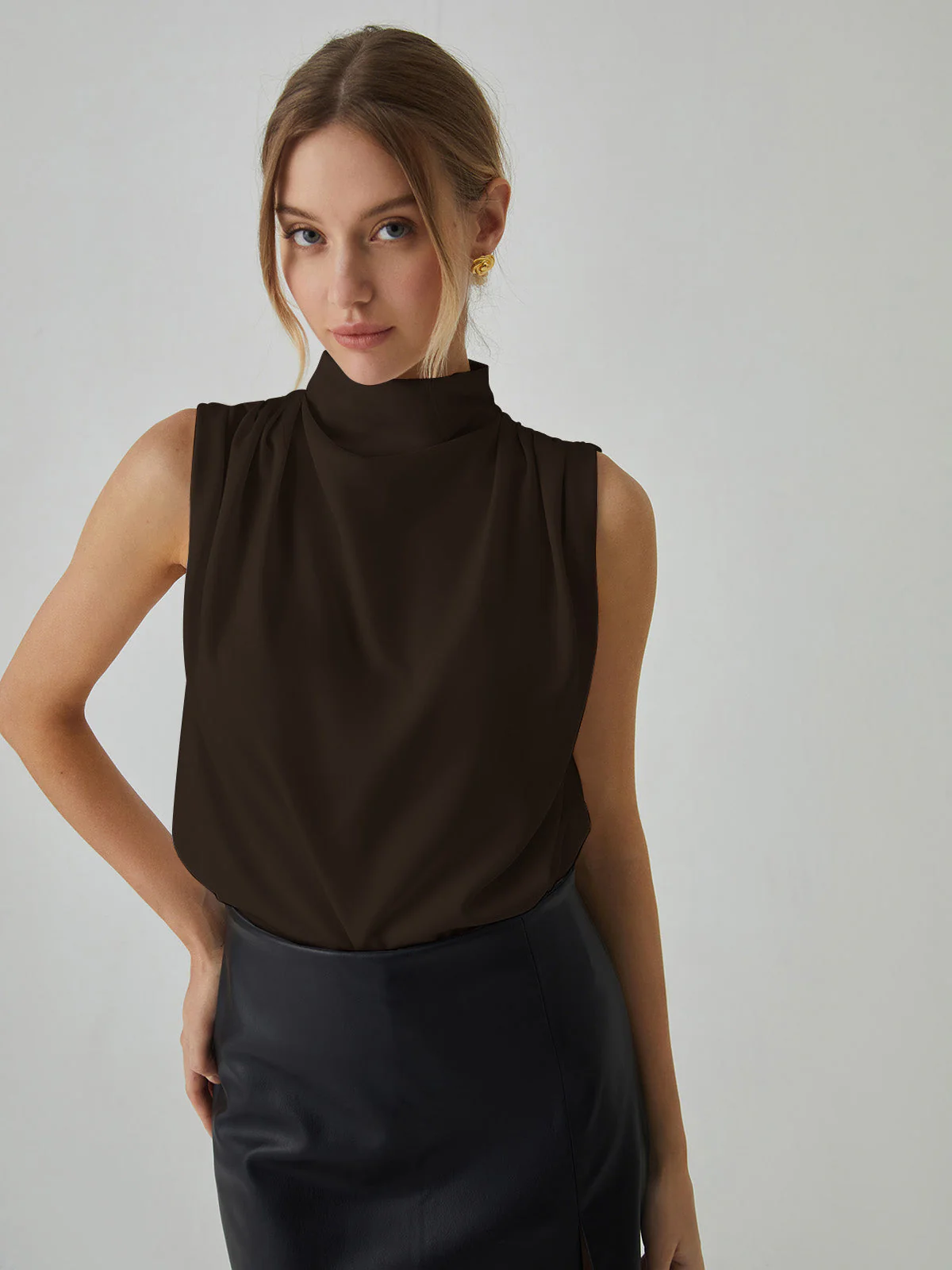 Brenton® | Pleated Sleeveless Blouse With A High Collar - Image 7