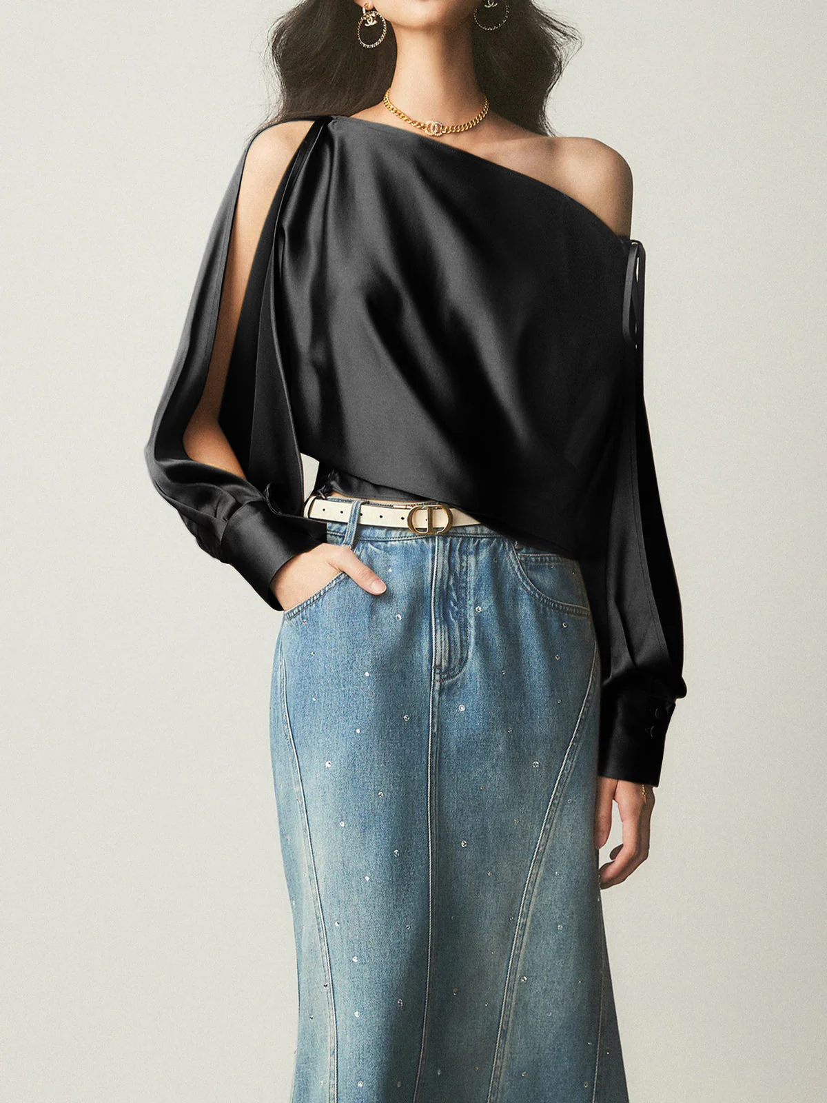 Bretanya® | Asymmetrical Satin Blouse With Cold Shoulder - Image 6