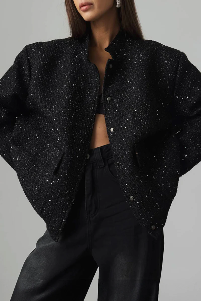 Brigida | Casual everyday outerwear with solid color sequins, patchwork and stand-up collar - Image 3