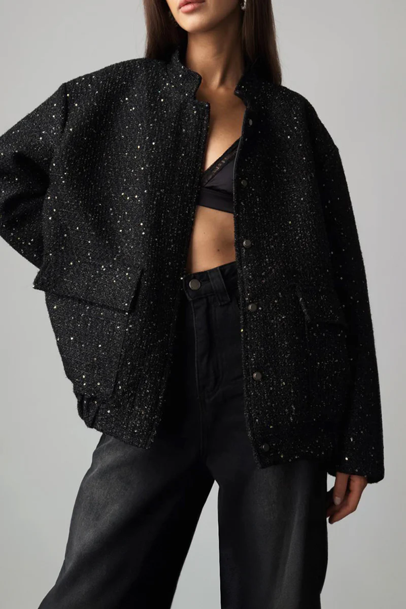 Brigida | Casual everyday outerwear with solid color sequins, patchwork and stand-up collar - Image 7