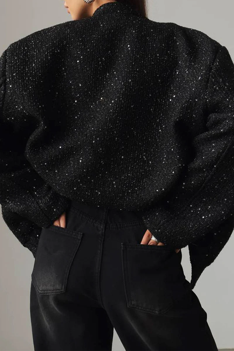 Brigida | Casual everyday outerwear with solid color sequins, patchwork and stand-up collar - Image 9