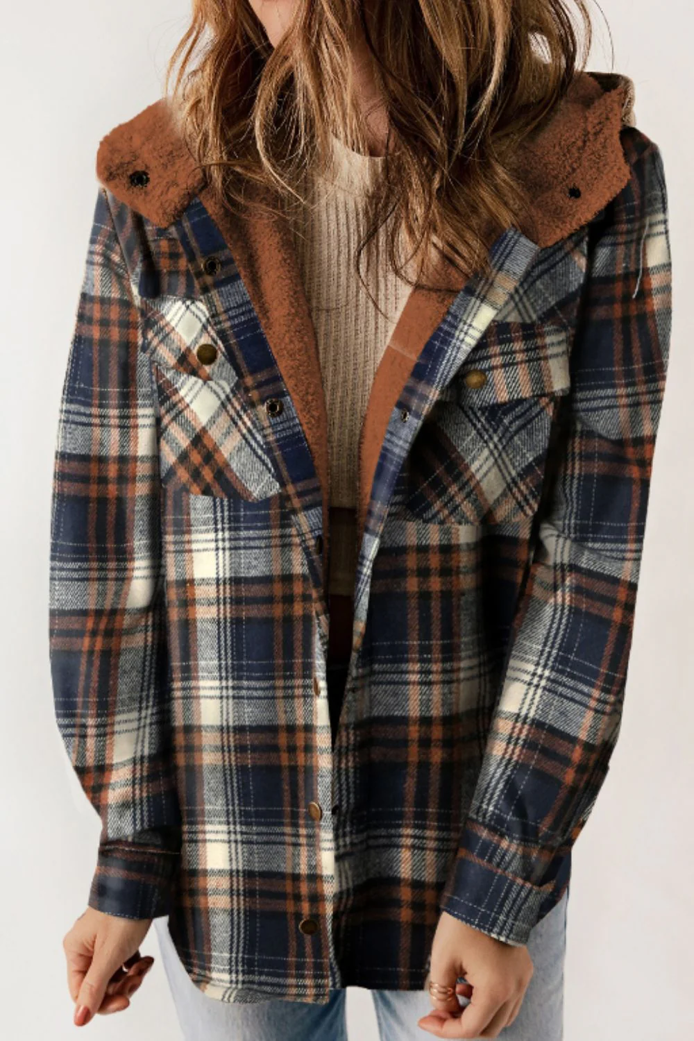 Brigida | Checked button down long sleeve hooded jacket - Image 7