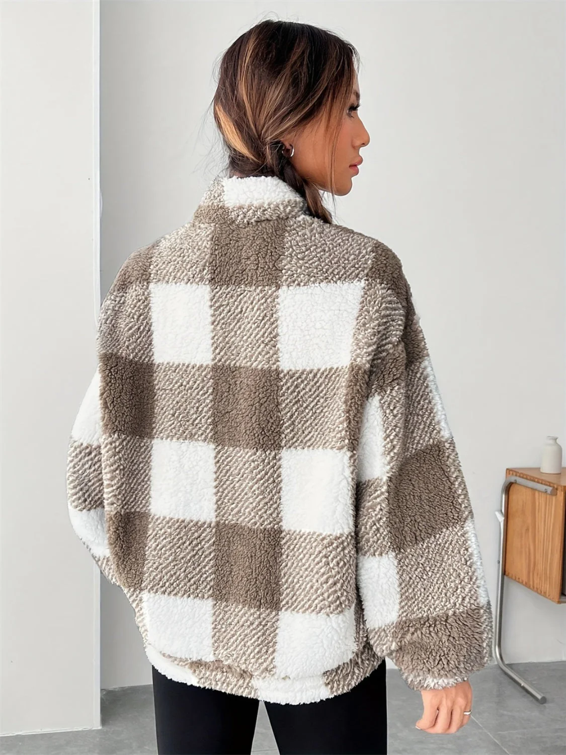 Brigitte | Checked half zip long sleeve teddy sweatshirt - Image 2