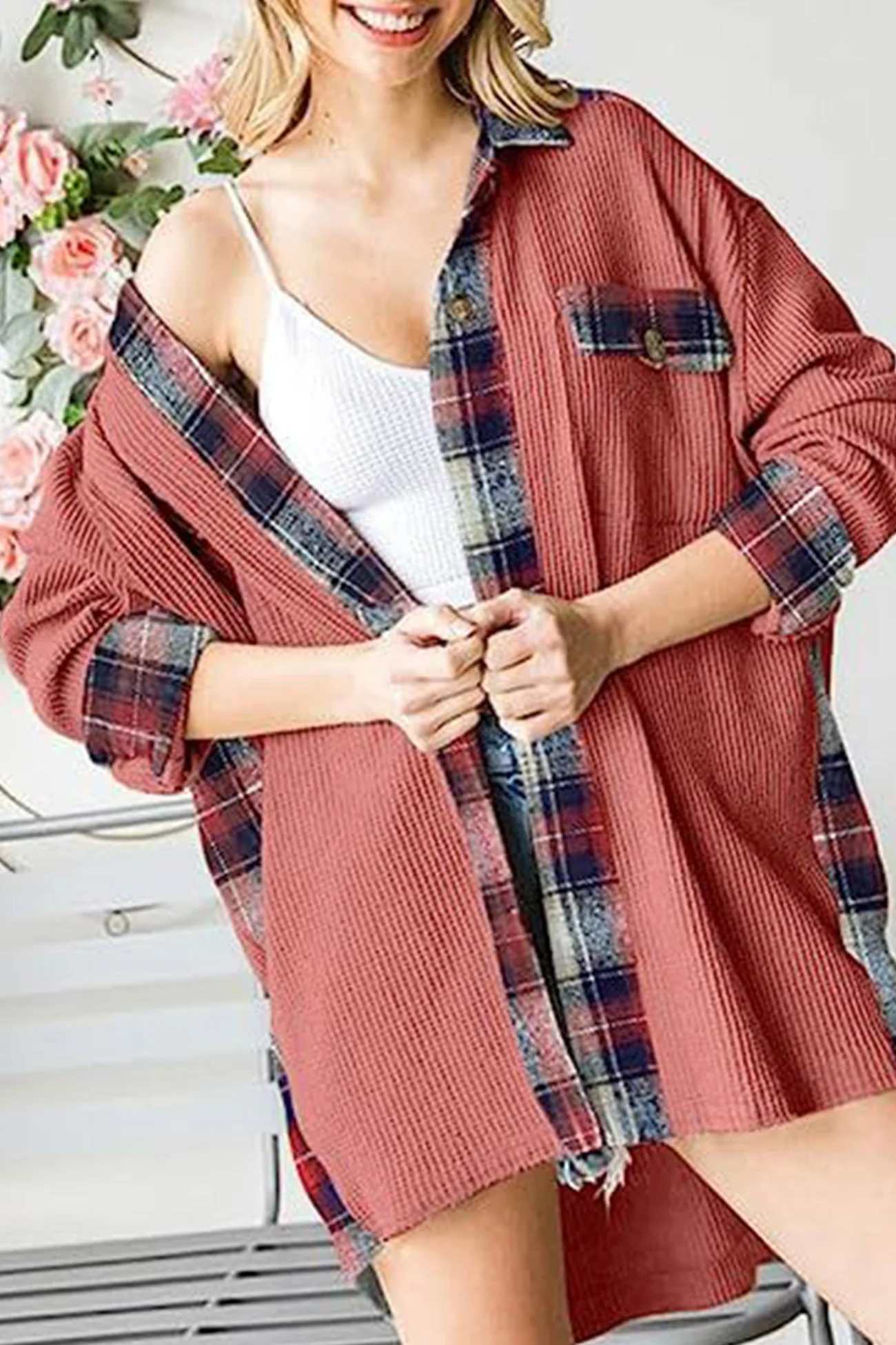Brigitte | Checked patchwork blouses with irregular hems - Image 10