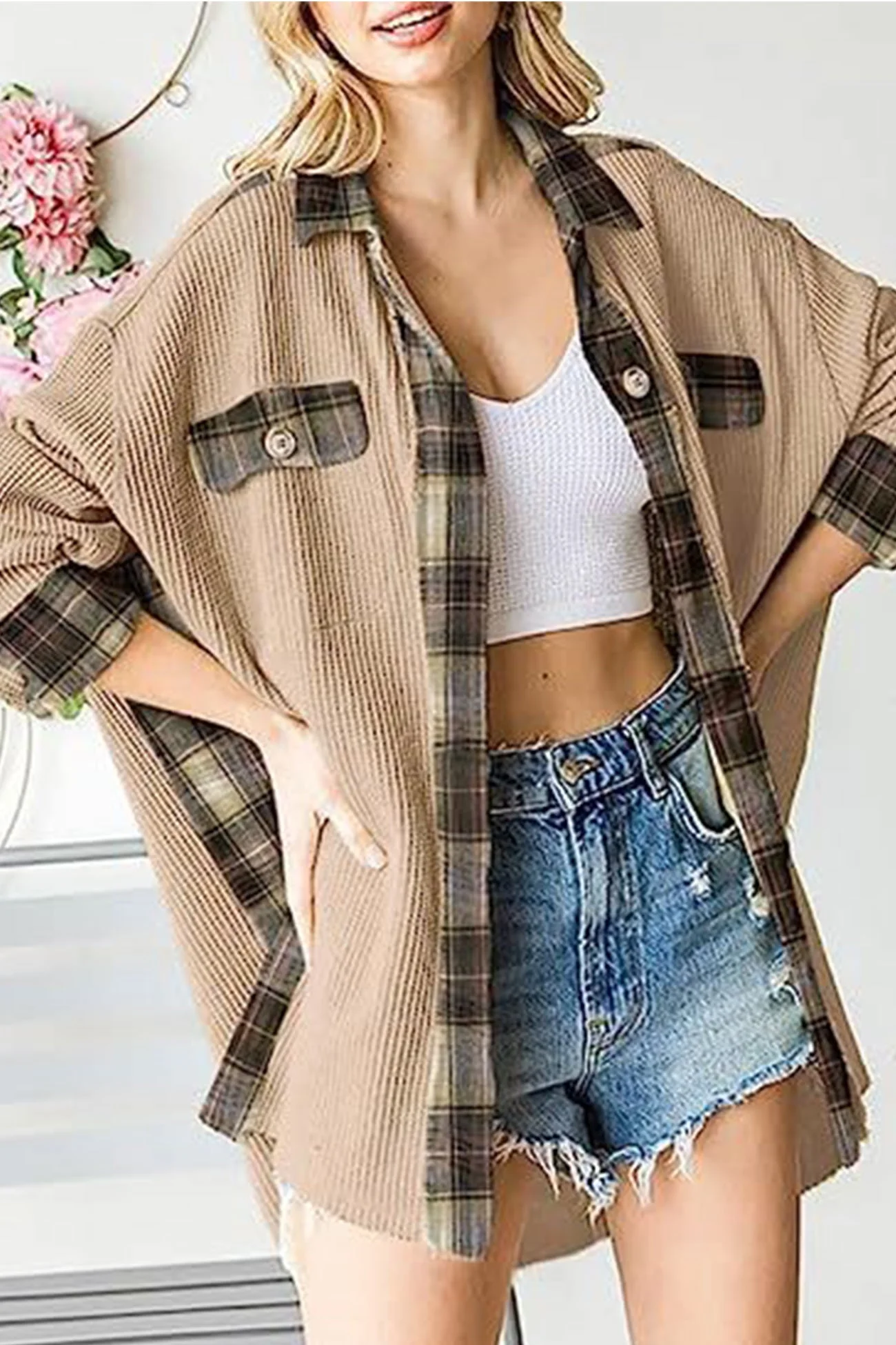Brigitte | Checked patchwork blouses with irregular hems - Image 7