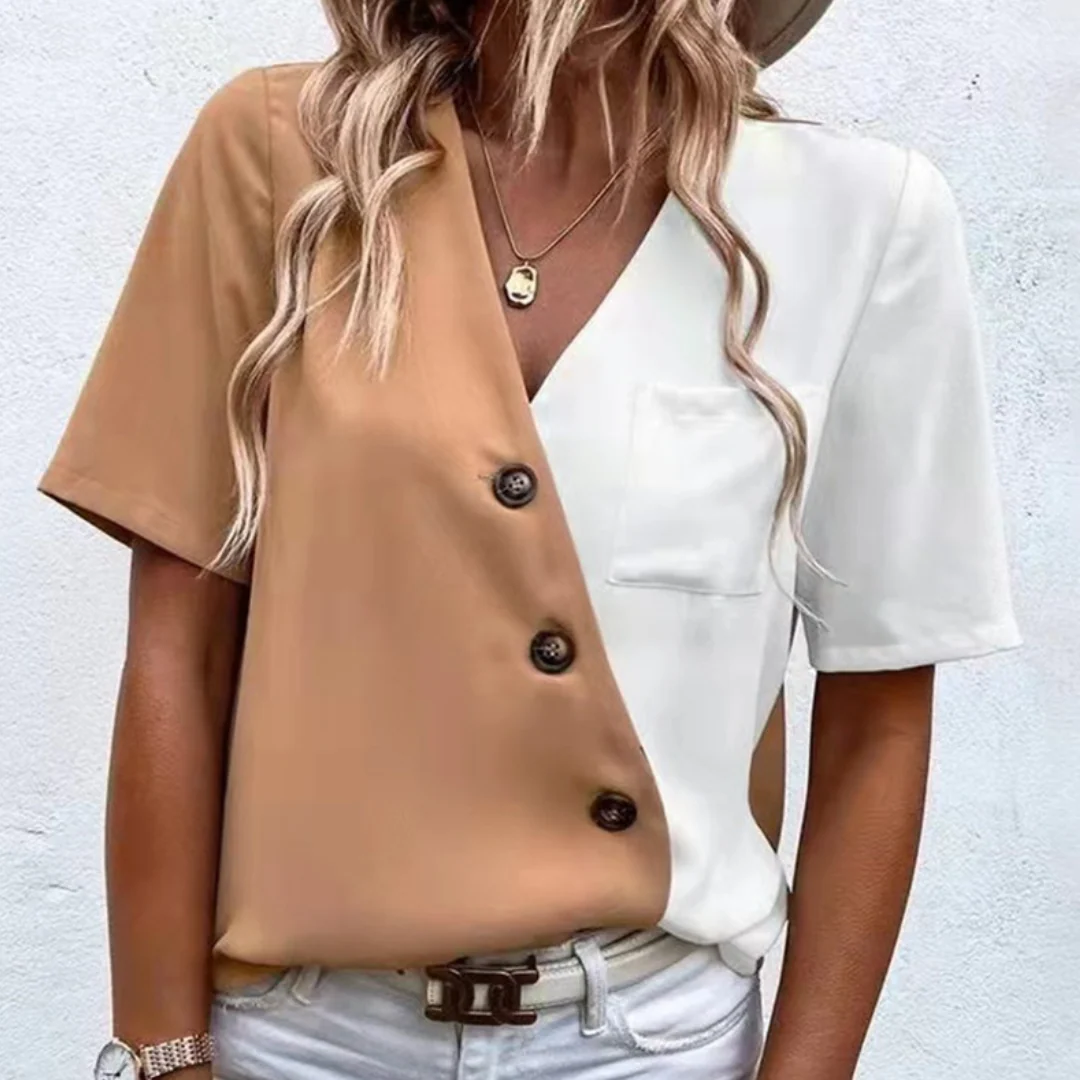 Briss® | Women'S Blouse With A Chic V-Neck, Button Details And Two-Tone Elegance - Image 3