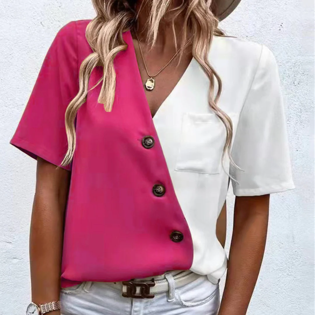 Briss® | Women'S Blouse With A Chic V-Neck, Button Details And Two-Tone Elegance - Image 4