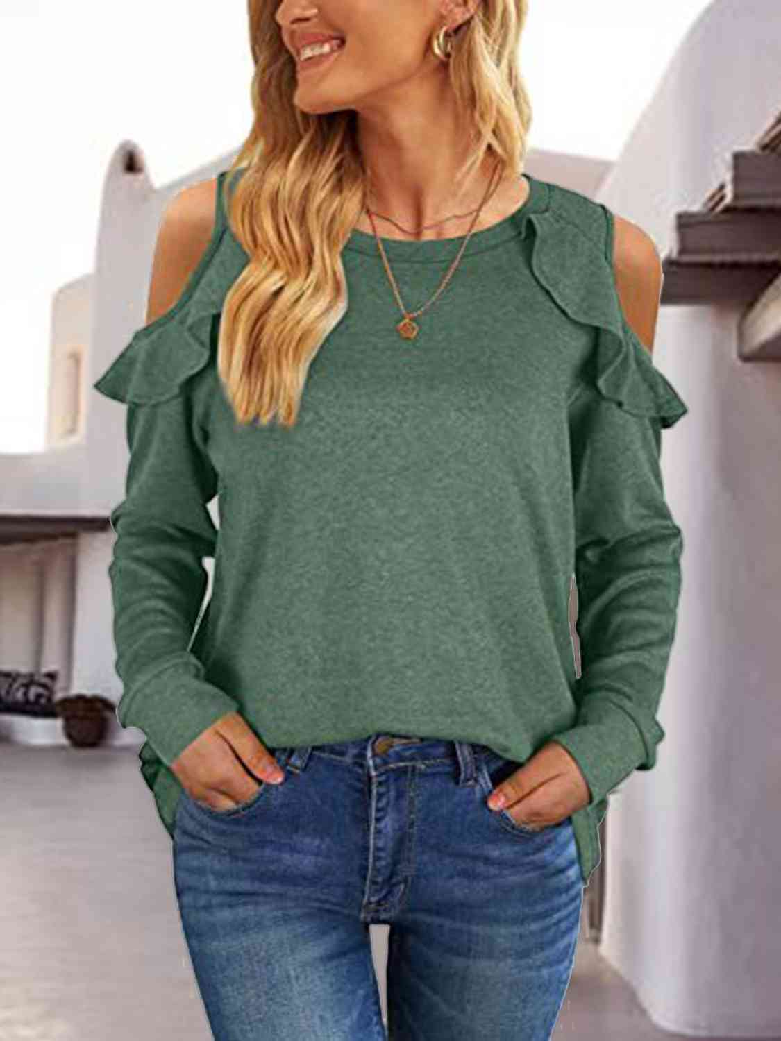Brittany® | Casual Round Neck Ruffle Open Shoulder Long Sleeve Blouse - Image 5