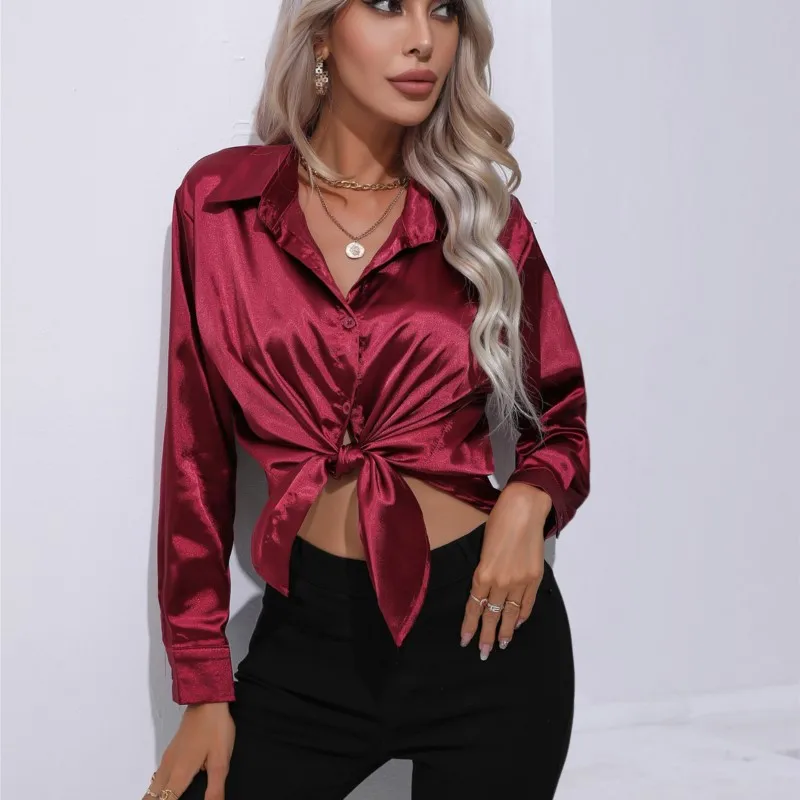Broose® | Elegant Wide Satin Blouse With Long Sleeves - Image 2
