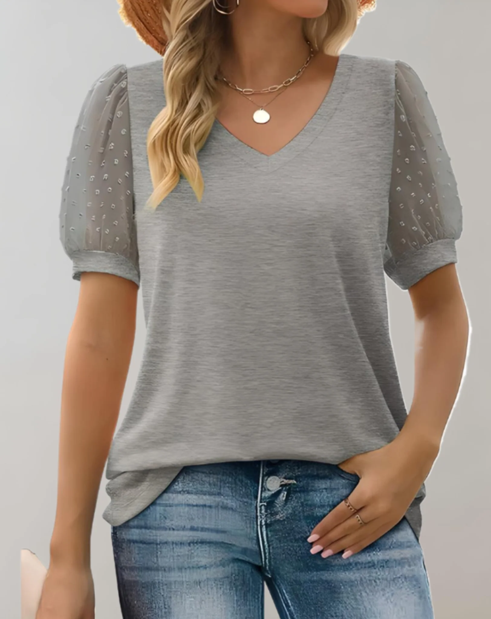 Brost® | Solid Color Casual Blouse With Short Puff Sleeves And V-Neck - Image 3