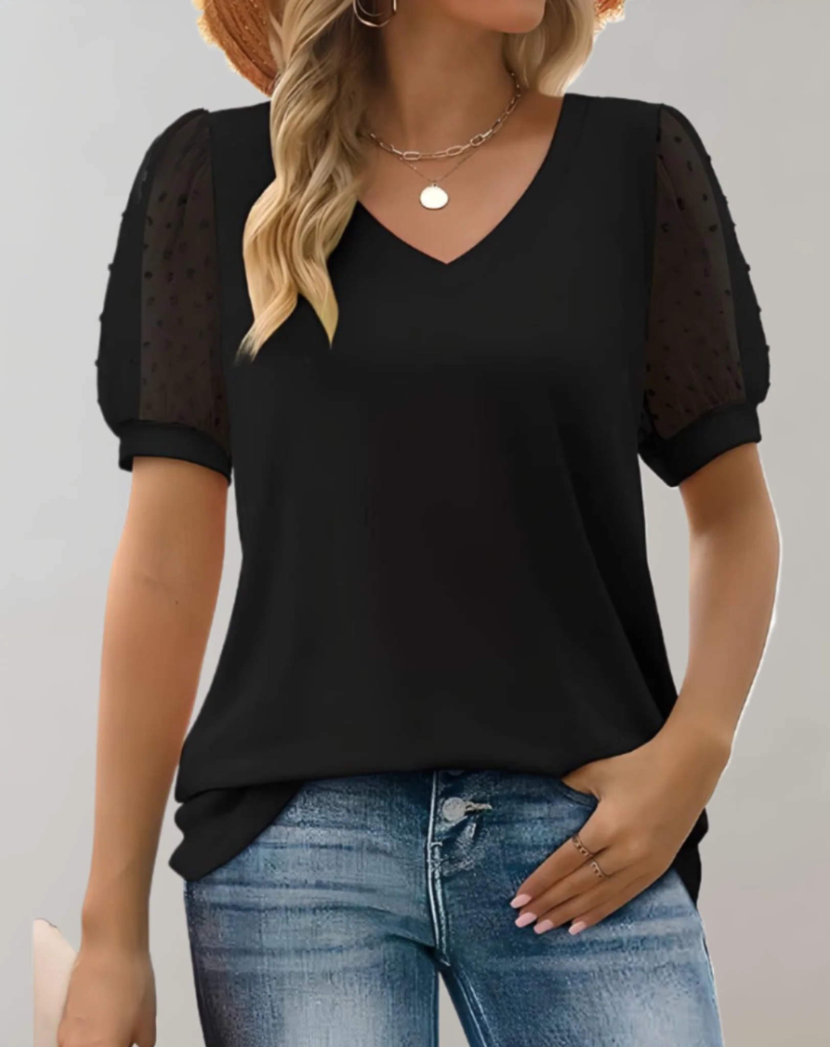 Brost® | Solid Color Casual Blouse With Short Puff Sleeves And V-Neck - Image 4