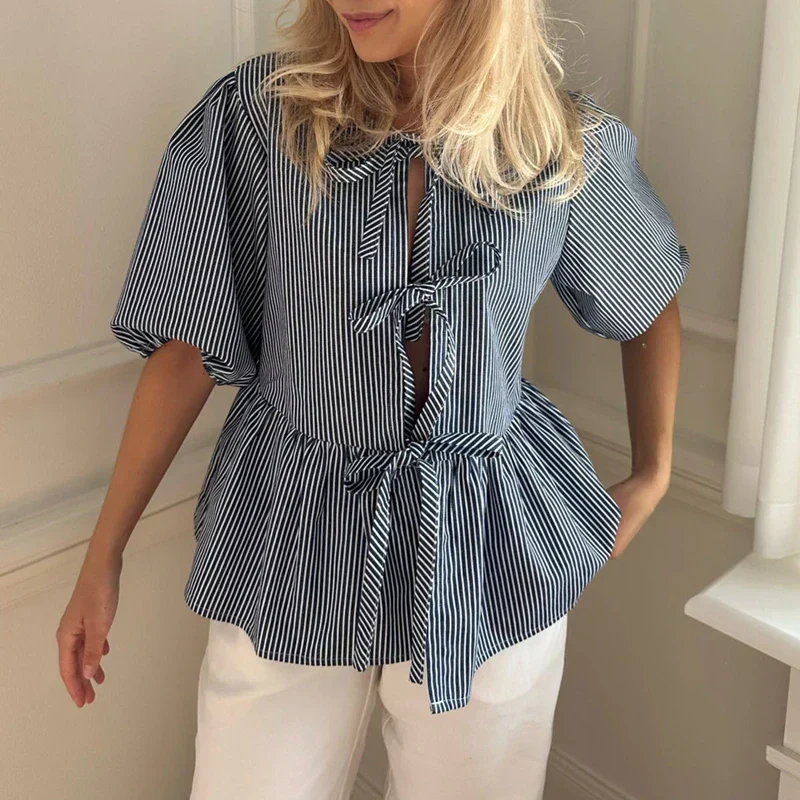 Brunelle® | Vintage Striped Blouse With Bow - Image 2