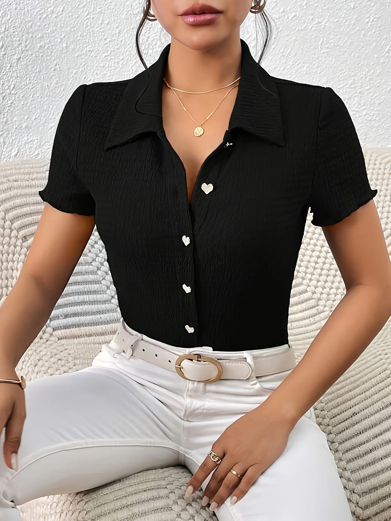 Brunty® | Black Blouse With Heart-Shaped Buttons For Women - Image 6