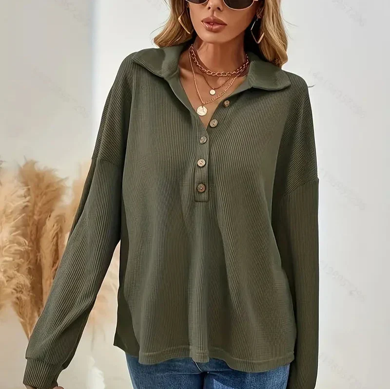 Bryanda® | Chic Autumn Green Ribbed Blouse With Buttons For Women - Image 2