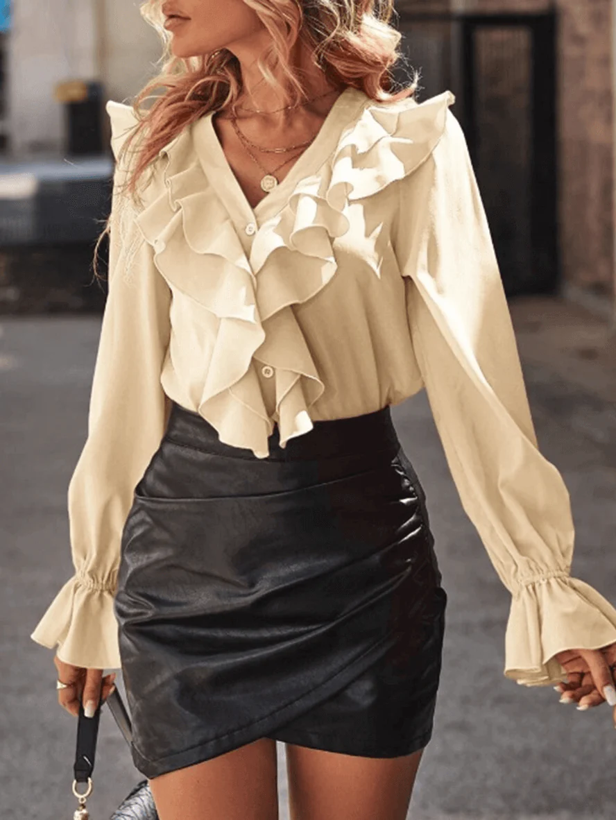 Bubb® | Ruffle Button Down Shirt V Neck Jabot Collar Flared Sleeve Long Sleeve Women Cute Elegant Fashion Blouse - Image 14