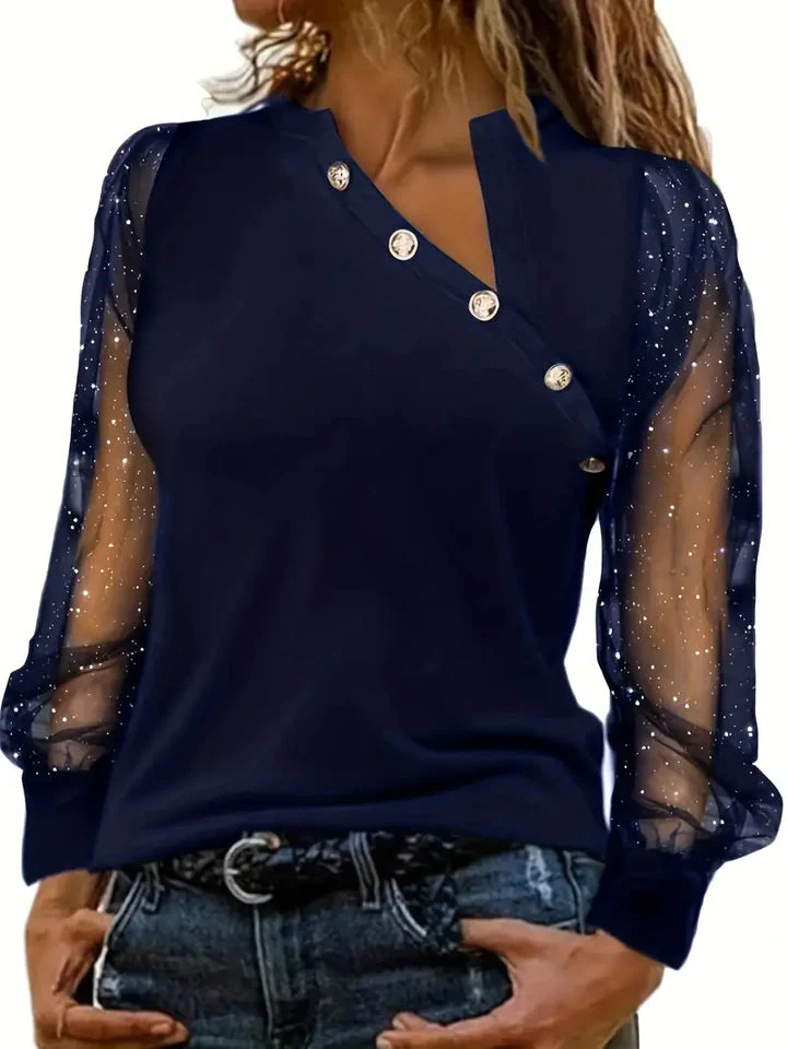 Bubke® | Blouse With An Asymmetrical Neckline And Mesh Sleeves - Image 3