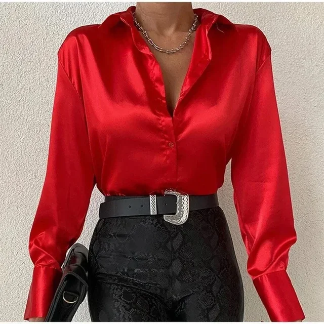 Bucey® | Chic Orange Silk Blouse - Image 2