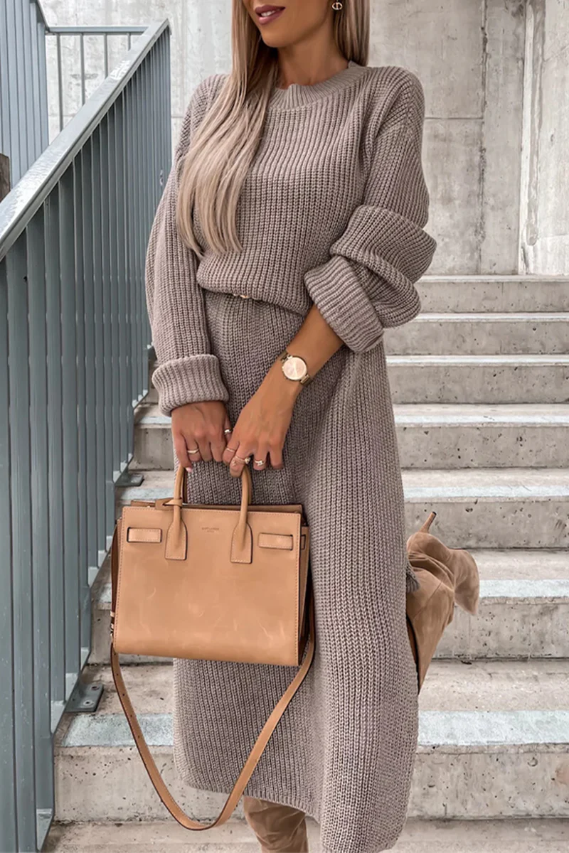 Camille | Elegant simple plain long sleeve dresses with slit and O-neck
