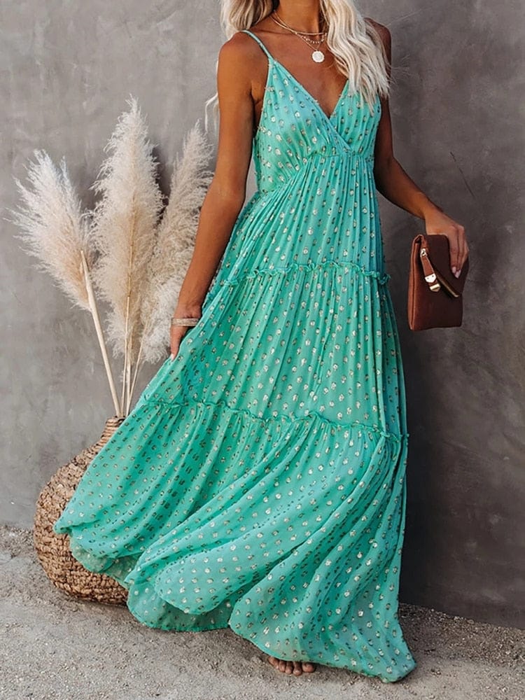 Camille® | Green V-Neck Maxi Beach Dress - Image 3