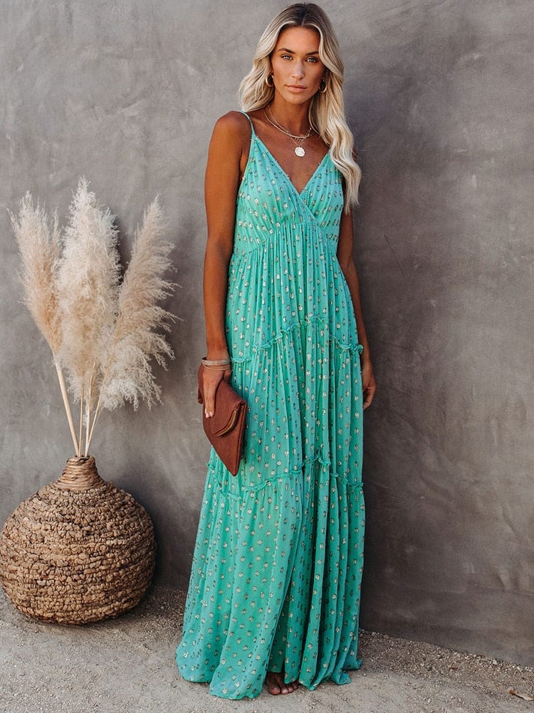 Camille® | Green V-Neck Maxi Beach Dress - Image 4