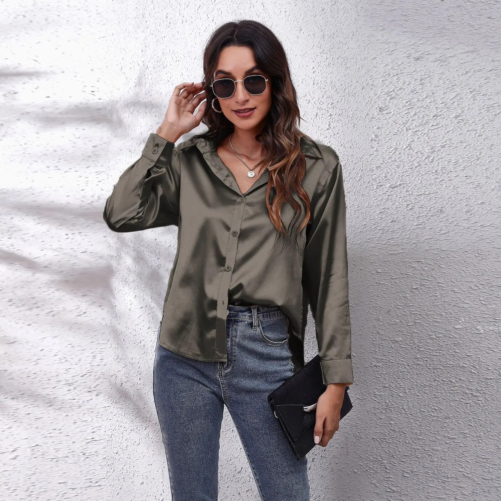 Camille® | Satin Shirt Silk Top - Image 4
