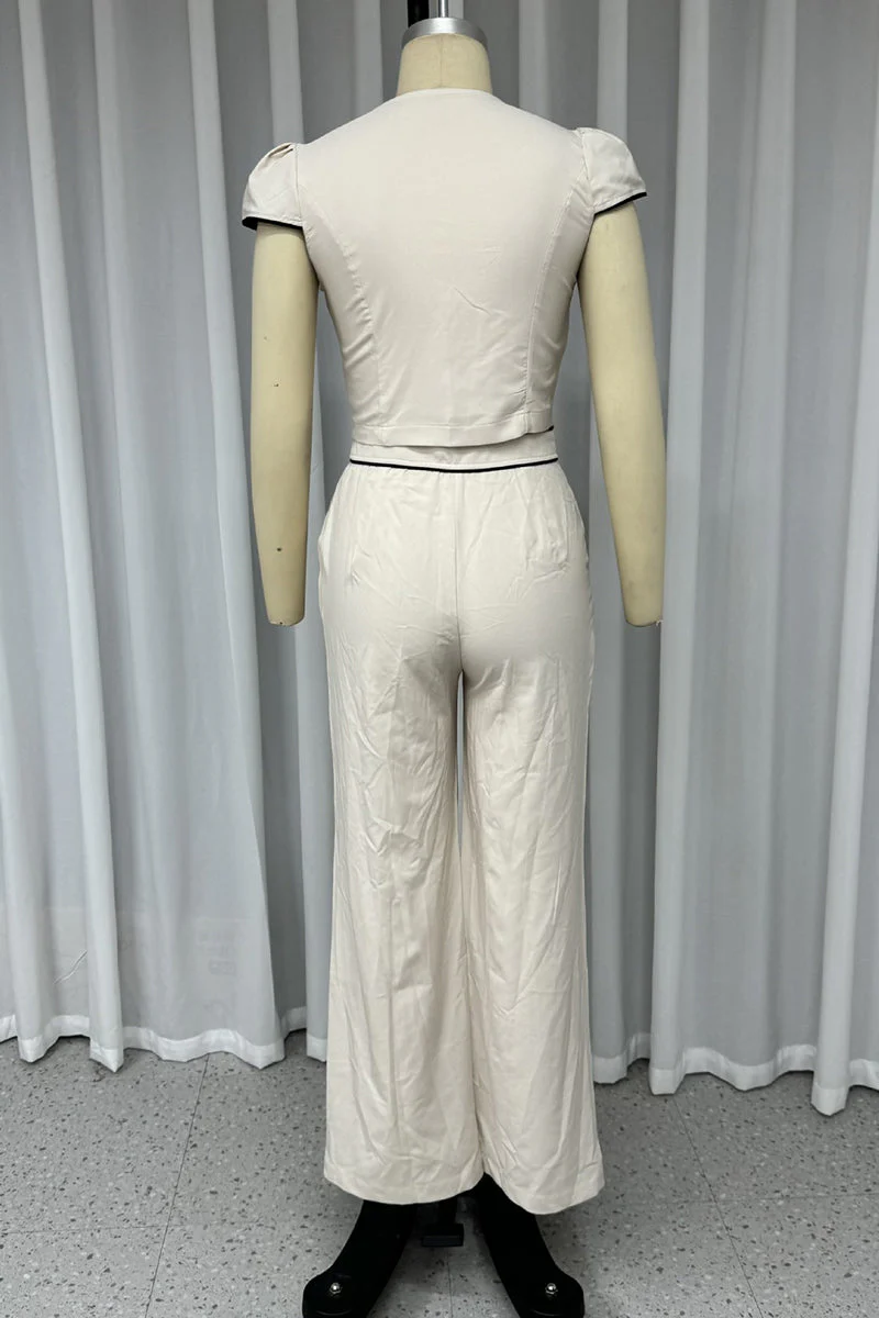 Carla | Casual solid color pocket buttons V-neck short sleeve two-piece suit - Image 5