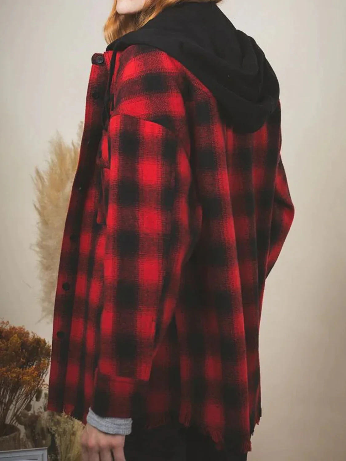 Carmen | Checked long sleeve hooded jacket with raw hem - Image 16