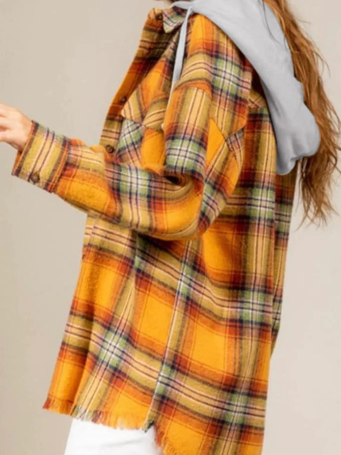 Carmen | Checked long sleeve hooded jacket with raw hem - Image 2