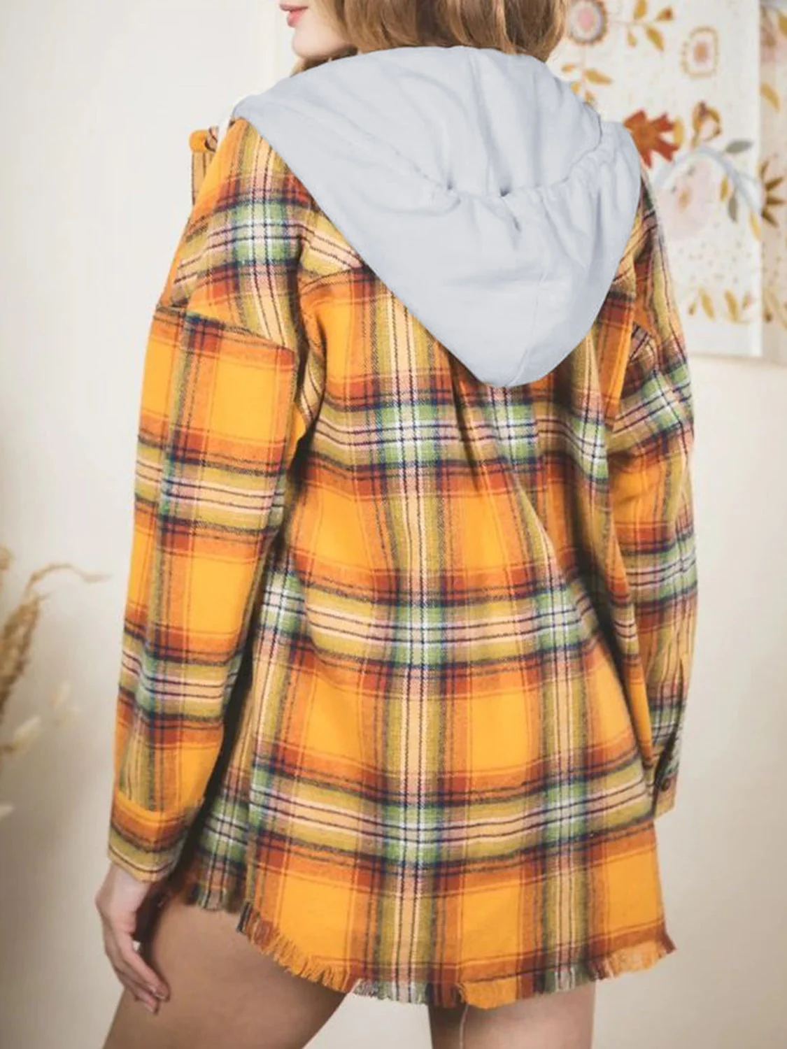 Carmen | Checked long sleeve hooded jacket with raw hem - Image 3
