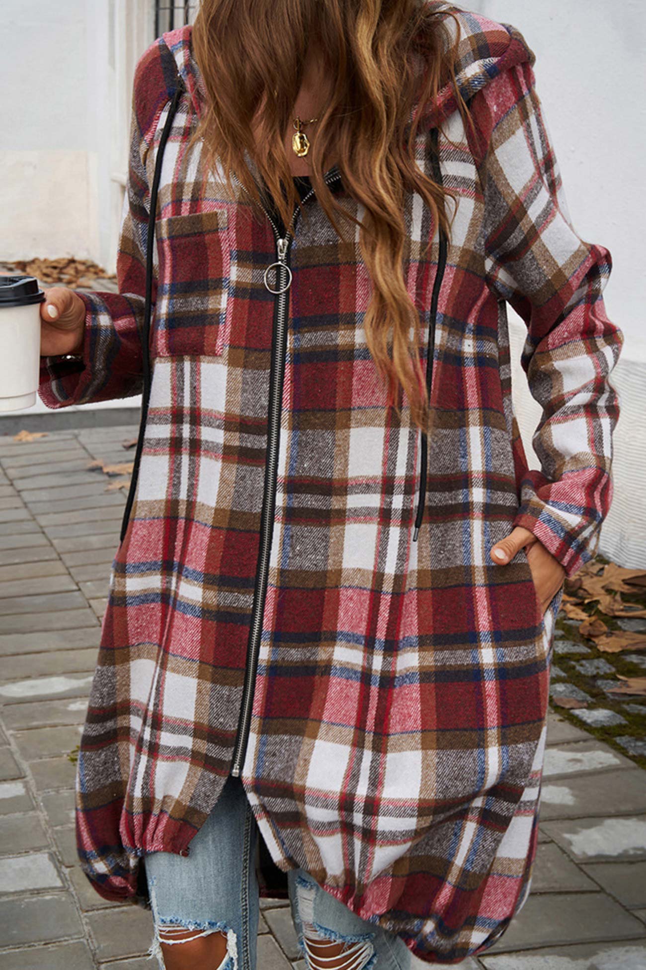 Carmen | Mid-length hoodie with contrast check pattern and zip fastening - Image 11