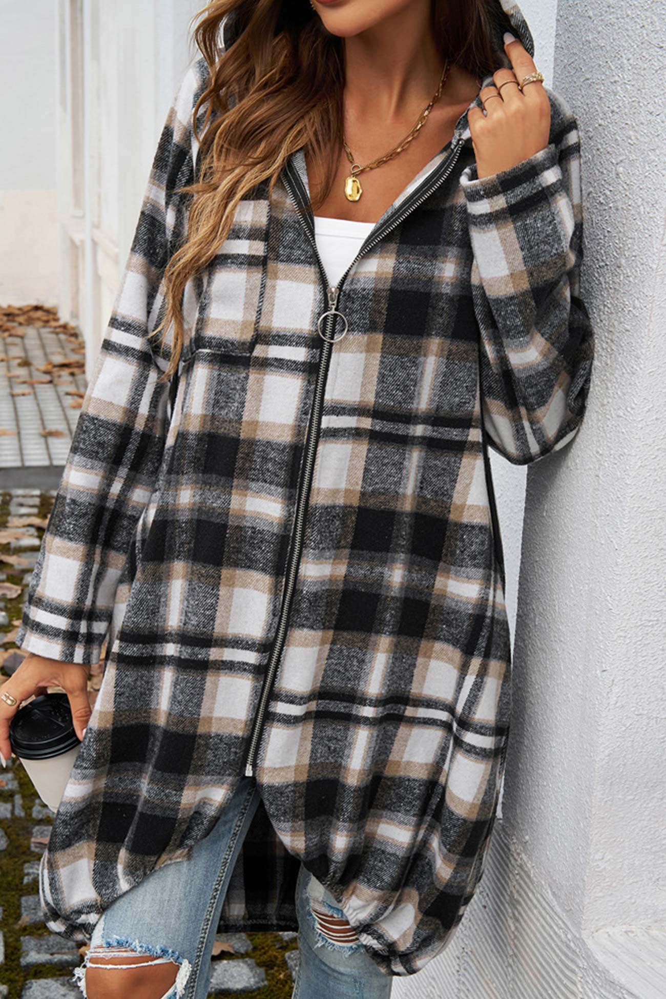 Carmen | Mid-length hoodie with contrast check pattern and zip fastening - Image 13