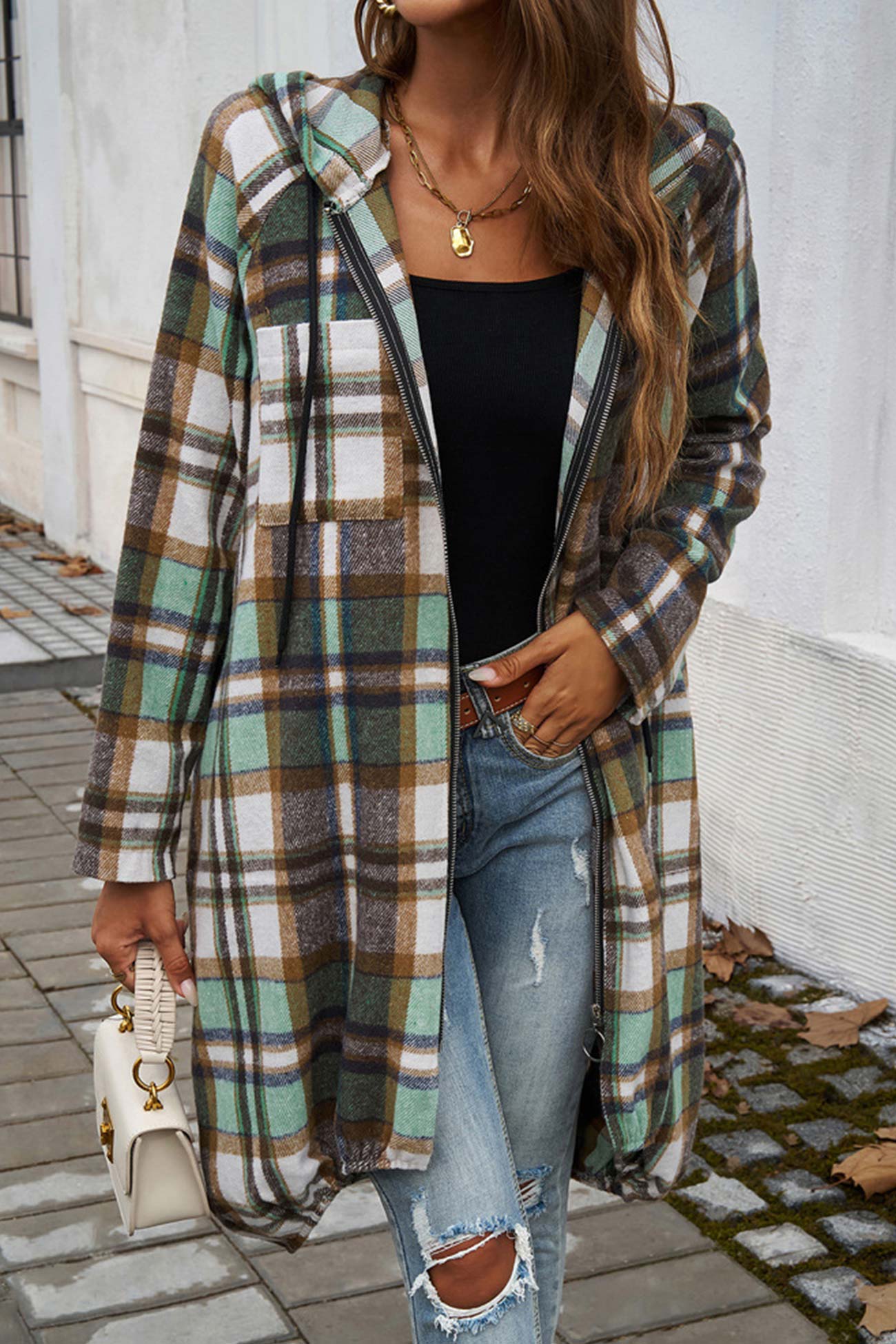 Carmen | Mid-length hoodie with contrast check pattern and zip fastening - Image 3