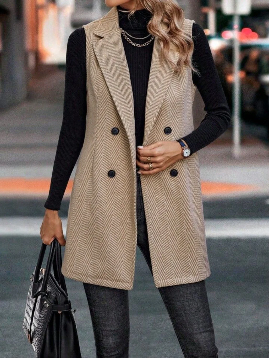 Carolin | Long cut vest coat with buttoned collar and collar - Image 3
