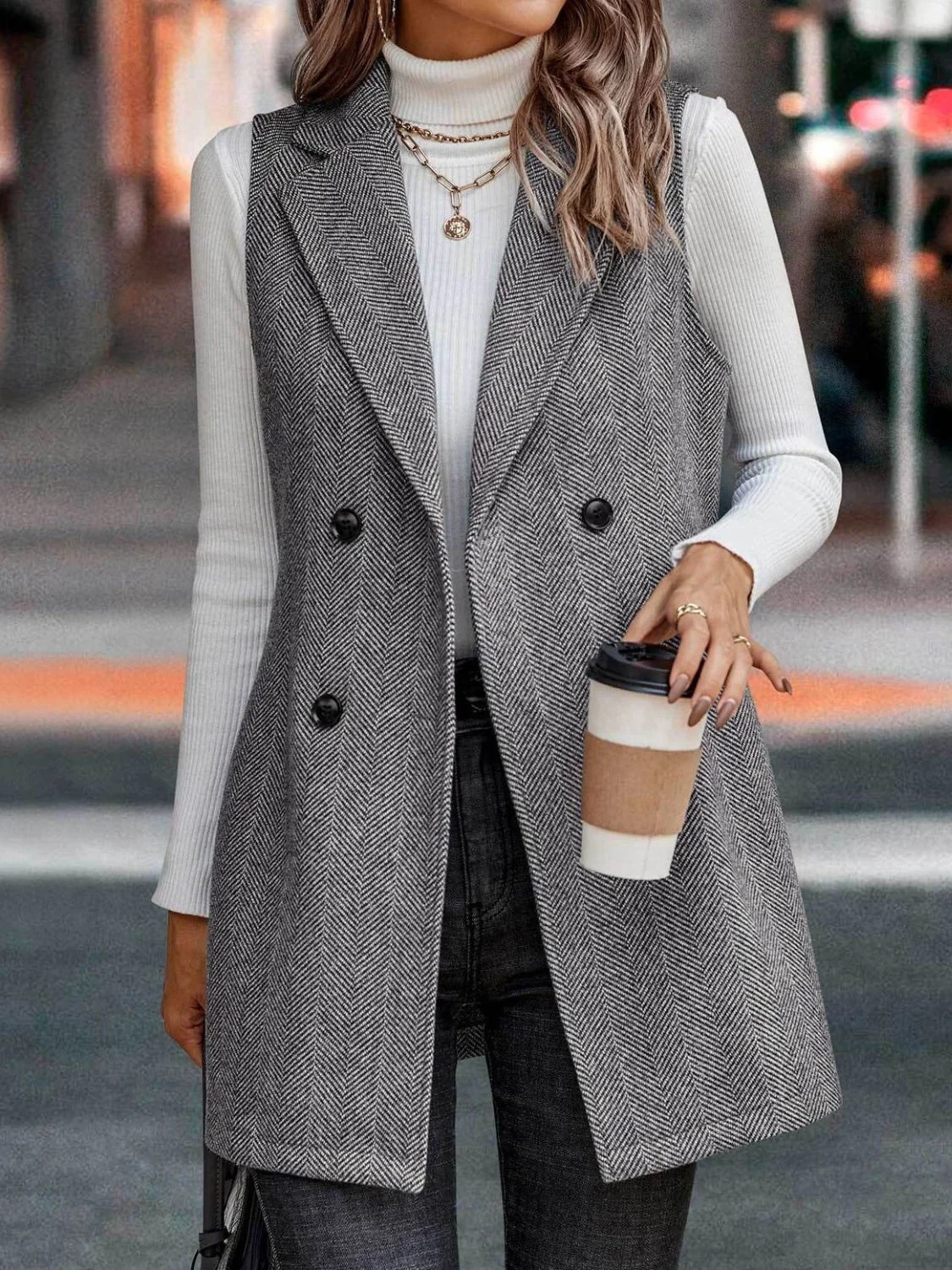 Carolin | Long cut vest coat with buttoned collar and collar - Image 7